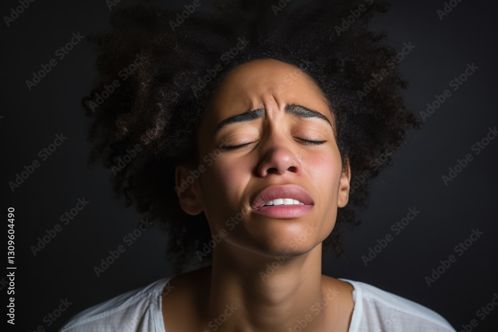 A young woman with natural curls reveals deep emotion as she leans forward, her eyes closed and brows furrowed, lost in a moment of reflection. The soft light enhances the intensity of her feelings A young woman with natural curls reveals deep emotion as she leans forward, her eyes closed and brows furrowed, lost in a moment of reflection. The soft light enhances the intensity of her feelings