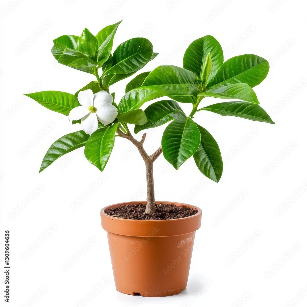 Small Potted Gardenia Plant with Single White Flower and Vibrant Green Leaves Against White Background Small Potted Gardenia Plant with Single White Flower and Vibrant Green Leaves Against White Background