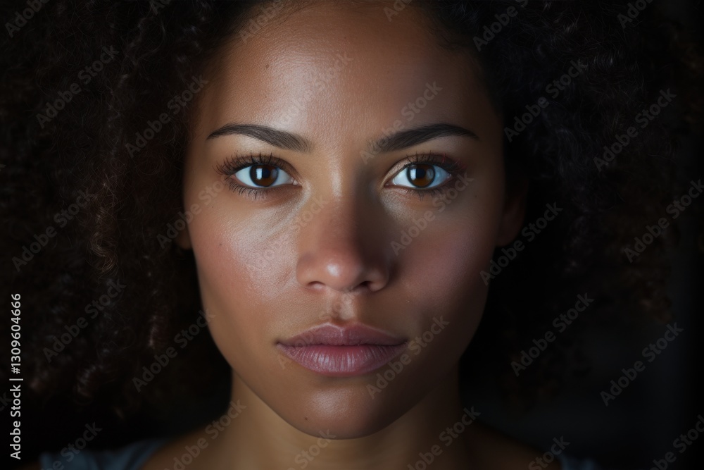 A striking portrait focuses on a young woman's captivating gaze, emphasizing her radiant skin and defined features, set against a softly lit background. The moment conveys depth and tranquility A striking portrait focuses on a young woman's captivating gaze, emphasizing her radiant skin and defined features, set against a softly lit background. The moment conveys depth and tranquility