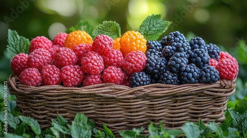 Wallpaper Mural A beautifully arranged basket filled with fresh raspberries, blackberries, and golden berries set against a lush green background. Torontodigital.ca