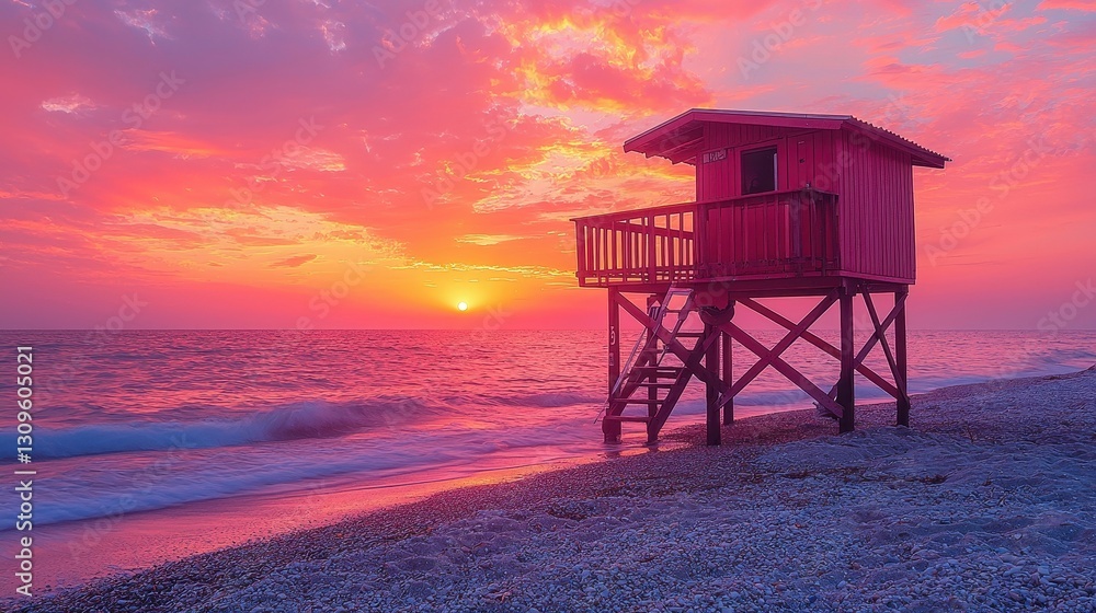 A vibrant sunset over the ocean with a pink and orange sky. A red lifeguard tower stands on wooden stilts by the shore, reflecting tranquility and beauty. A vibrant sunset over the ocean with a pink and orange sky. A red lifeguard tower stands on wooden stilts by the shore, reflecting tranquility and beauty.