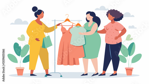 A group of pregnant friends browsing through racks of secondhand maternity dresses excitedly discussing their sustainable fashion finds.. Vector illustration