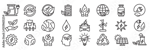 Green energy thin line icon set. ecology and green electricity icon, Collection of renewable energy, containing green energy, solar energy, wind power and more, Vector illustration