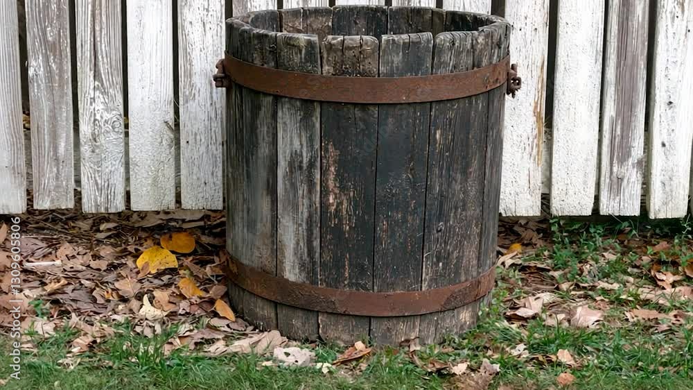 Rustic Wooden Barrel Against White Fence Rustic Wooden Barrel Against White Fence