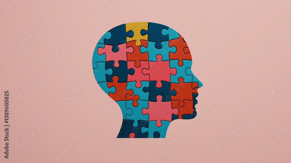A colorful puzzle piece silhouette representing the complexity of the human mind and the interplay of thoughts and ideas. A colorful puzzle piece silhouette representing the complexity of the human mind and the interplay of thoughts and ideas.