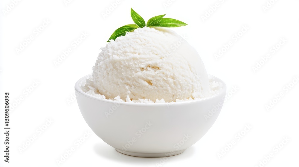 Creamy Vanilla Ice Cream in Bowl - A scoop of creamy vanilla ice cream sits in a white bowl, garnished with a sprig of mint. Perfect for dessert menus or food blogs Creamy Vanilla Ice Cream in Bowl - A scoop of creamy vanilla ice cream sits in a white bowl, garnished with a sprig of mint. Perfect for dessert menus or food blogs