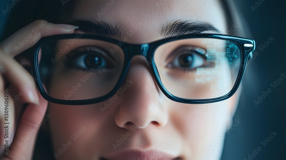 Close up of a Determined Leader Adjusting Their Glasses While Intently Analyzing and Interpreting Data on a High Tech Innovation Dashboard Showcasing Their Focus Intelligence and Strategic Mindset Close up of a Determined Leader Adjusting Their Glasses While Intently Analyzing and Interpreting Data on a High Tech Innovation Dashboard Showcasing Their Focus Intelligence and Strategic Mindset