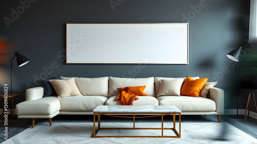 Gemütliches luxuriöses Wohnzimmer mit Couch und riesigem leeren Bilderrahmen