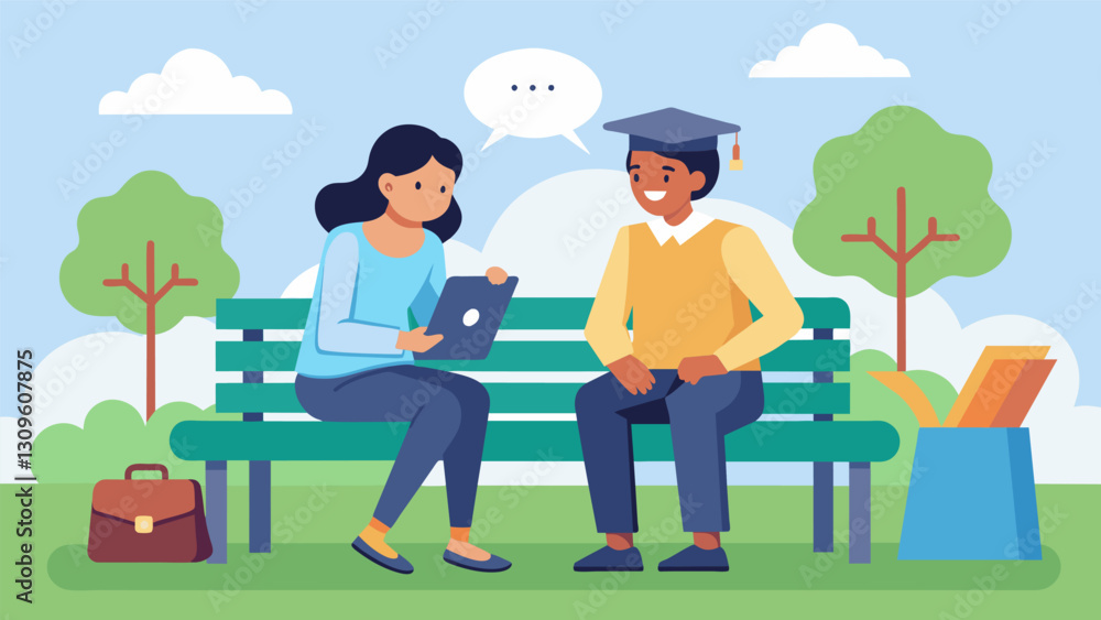 Two friends sit on a park bench discussing their postgraduation plans while lamenting the potential impact of their student loan debt on their credit. Vector illustration Two friends sit on a park bench discussing their postgraduation plans while lamenting the potential impact of their student loan debt on their credit. Vector illustration