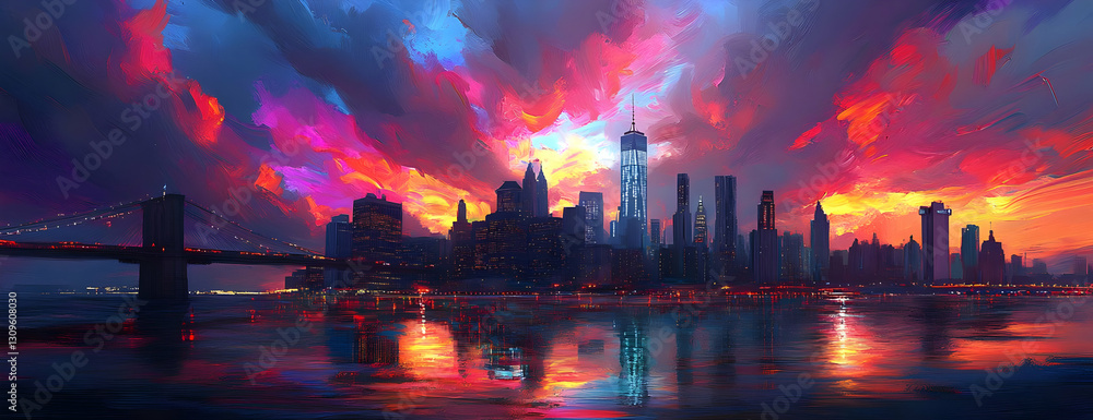 Obraz premium Vibrant city sunset, bridge, reflection