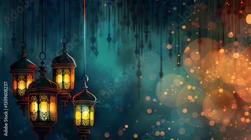Magical lanterns glowing in dreamy atmosphere with bokeh lights,on Ramadan,Hari Raya Aidilfitri,Eid-Ul-Fitr