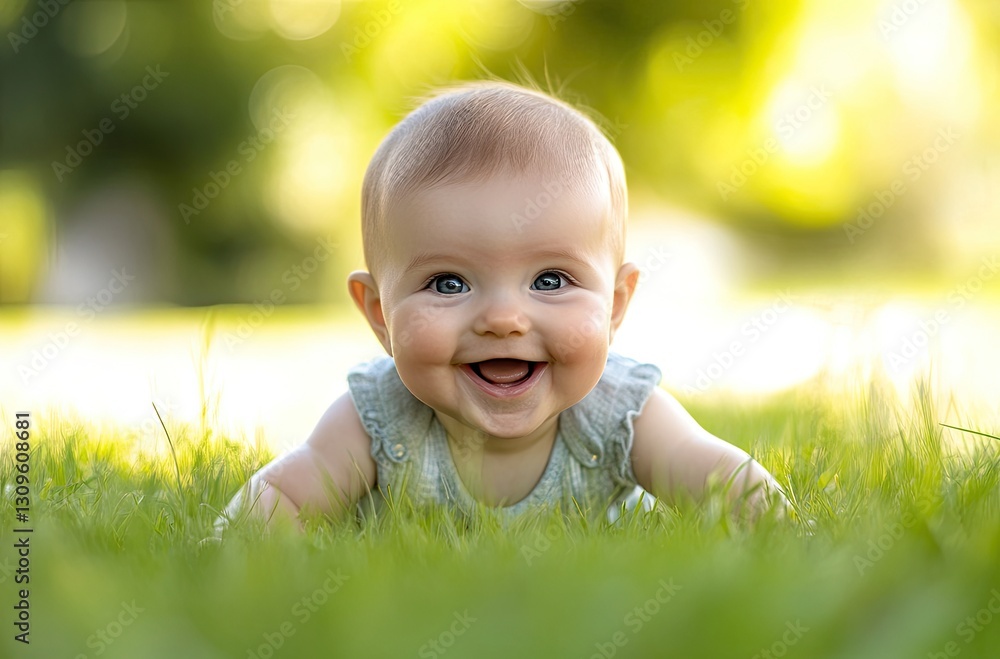 A happy baby crawling on the grass, a sunny day, a green background A happy baby crawling on the grass, a sunny day, a green background