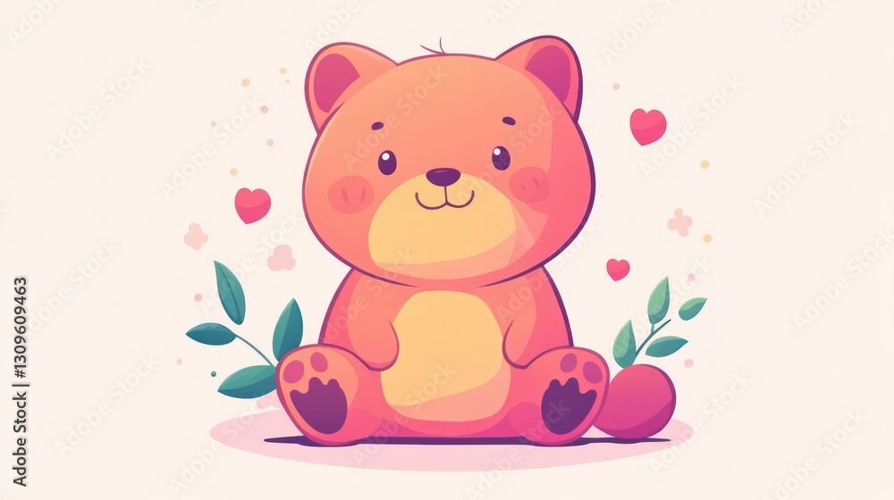 Adorable cartoon bear is surrounded by hearts and leafy greenery Adorable cartoon bear is surrounded by hearts and leafy greenery
