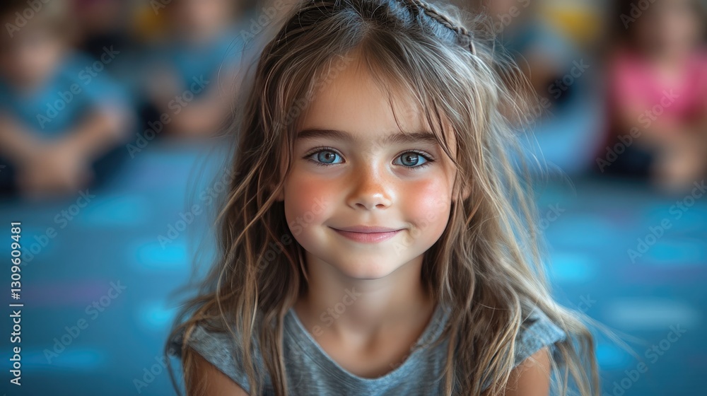 Fototapeta premium A diverse group of young children sits on a blue carpet in a classroom setting.