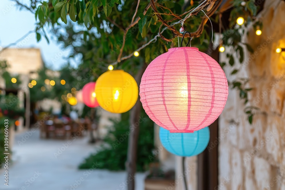 Fototapeta premium Colorful Lanterns with Twinkling Fairy Lights Illuminating a Charming Outdoor Space