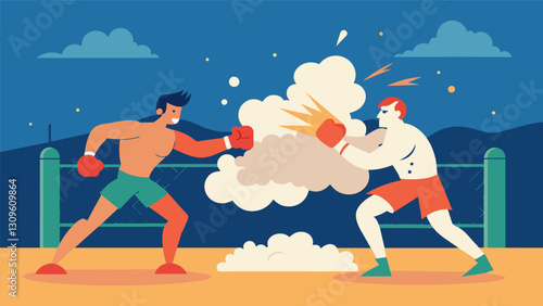 A cloud of dust rises into the air as a featherweight and bantamweight fighter collide in an intense outdoor cage match.. Vector illustration