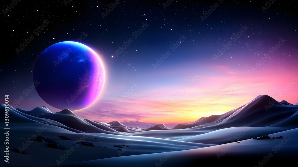 Retro 80s Vaporwave Landscape with Neon Planet and Mountains Retro 80s Vaporwave Landscape with Neon Planet and Mountains