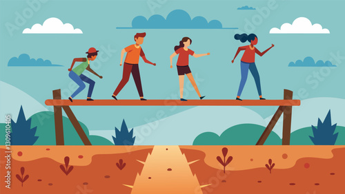 A challenging balance obstacle with participants carefully stepping across a series of wobbly wooden beams above a pool of thick mud.. Vector illustration