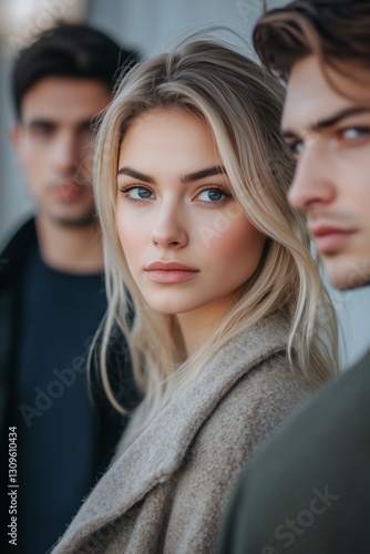 Model in kunstvollem Rahmen aus zwei Männern. Eleganz und Inszenierung vereint. photo