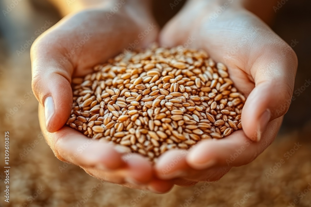 Hand holding freshly harvested wheat grains with a warm, golden background showcasing agricultural bounty