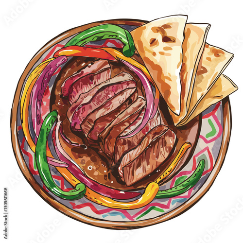 Watercolor Illustration of a Steak Fajita Platter with Tortillas