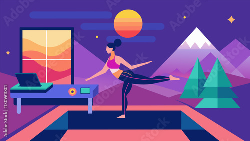 With a flick of a switch the Pilates studio transforms into a vivid digital landscape creating a new and immersive exercise experience.. Vector illustration