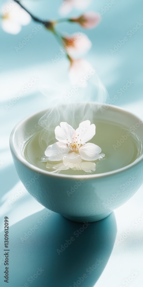 Minimalistic zen tea ceremony with ceramic cup and cherry blossom Minimalistic zen tea ceremony with ceramic cup and cherry blossom