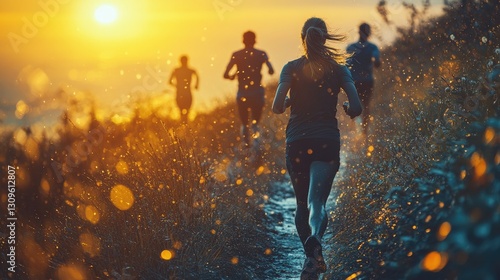 A man and a woman are running side by side on a dirt trail through a lush, green forest.