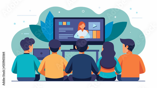 The AV team huddled together in a small room watching a live feed of the service and making swift adjustments to visuals and audio as needed.. Vector illustration