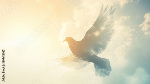 Double exposure funeral flyer featuring a large dove silhouette blended with a serene sky, warm sunlight, and soft clouds, creating a peaceful and reflective memorial design.