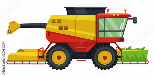 Powerful Red and Yellow Agricultural Combine Harvester Harvesting Green Crops