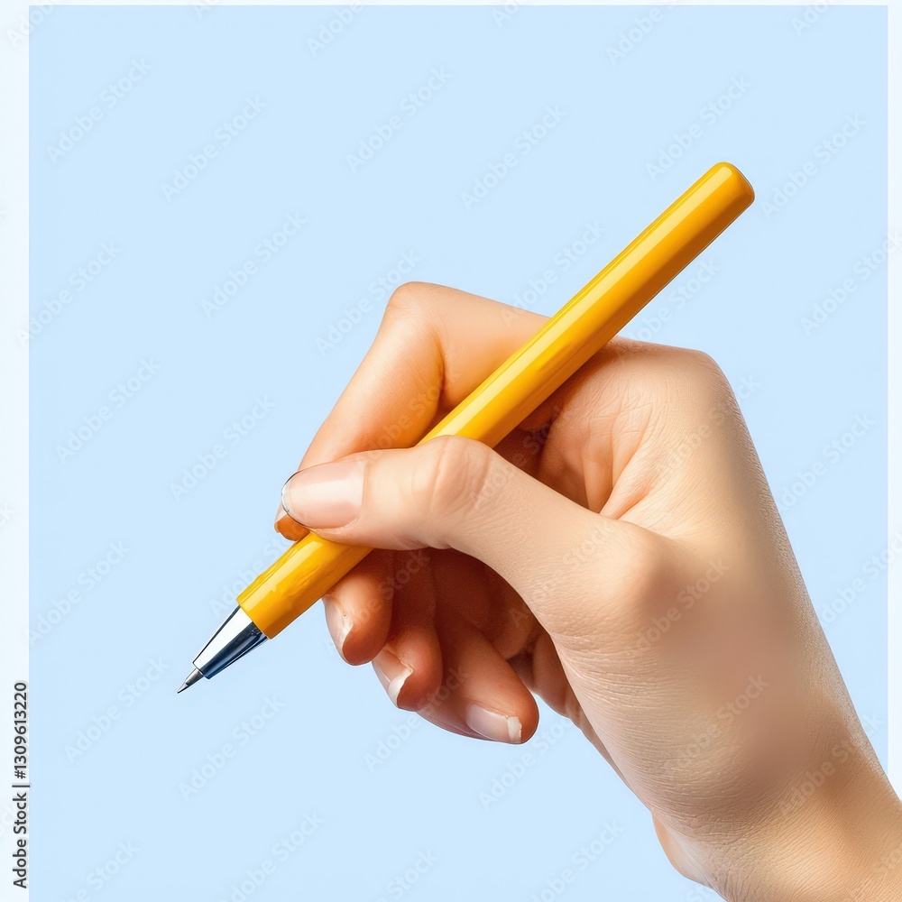 Hand Holding Yellow Pen on White Background for Creative Writing and Idea Generation Hand Holding Yellow Pen on White Background for Creative Writing and Idea Generation