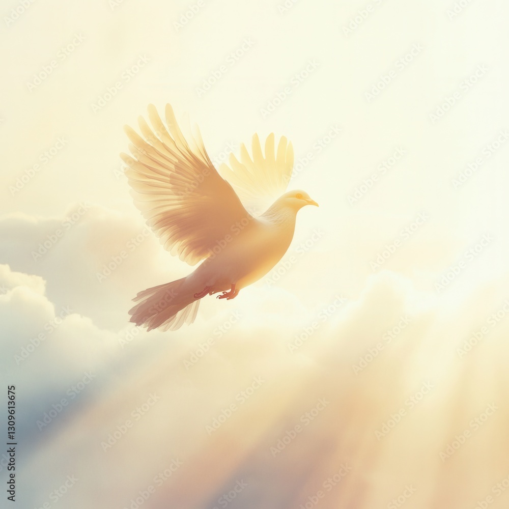 Fototapeta premium Double exposure funeral flyer featuring a large dove silhouette blended with a serene sky, warm sunlight, and soft clouds, creating a peaceful and reflective memorial design.