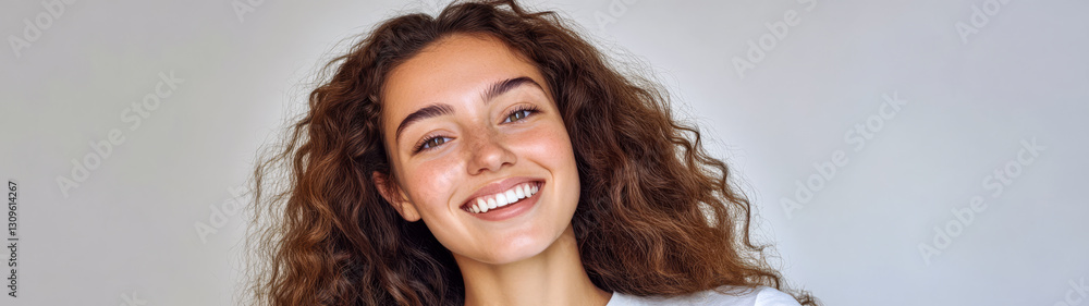 Smiling woman with curly hair poses against a light background in a relaxed atmosphere Smiling woman with curly hair poses against a light background in a relaxed atmosphere