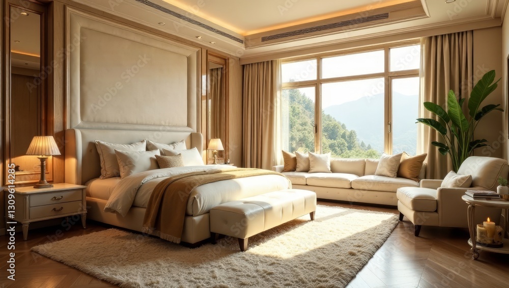 Luxurious bedroom suite showcasing elegant bedding, plush seating, and scenic views from large windows in a sunlit room with hardwood floors Luxurious bedroom suite showcasing elegant bedding, plush seating, and scenic views from large windows in a sunlit room with hardwood floors