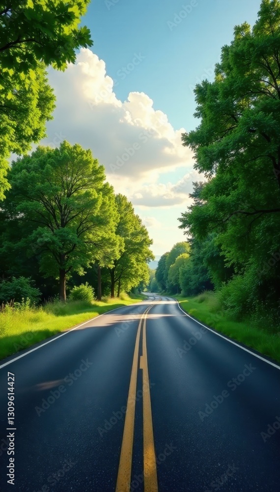 Obraz premium Empty blacktop highway winds through lush green park under a breathtaking sky , nature, perspective, rural