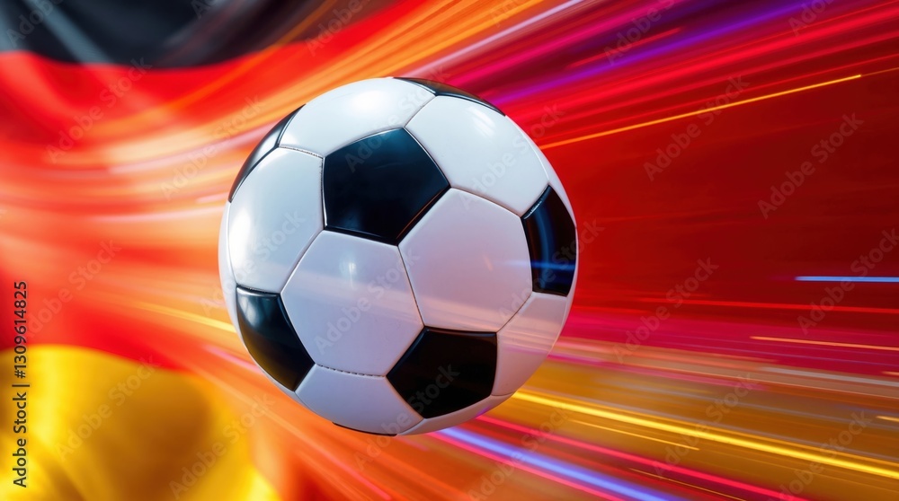 Fototapeta premium Ein Fußball fliegt an einer Deutschlandflagge vorbei
