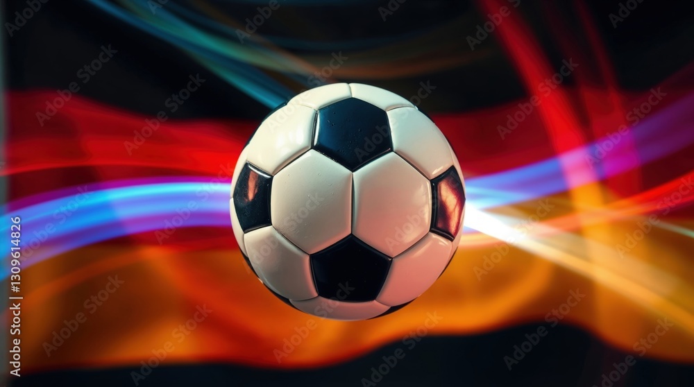 Obraz premium Dynamisches Bild von einem Fußball vor der Deutschlandflagge
