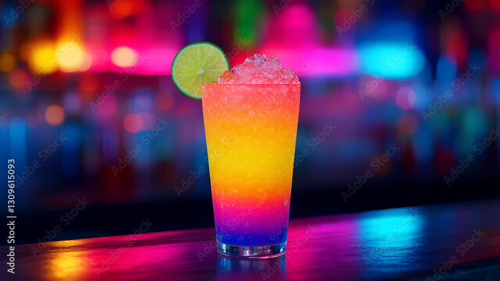 A vibrant, multi-layered rainbow cocktail in a tall glass, with tiny bubbles rising and a slice of lime garnish A vibrant, multi-layered rainbow cocktail in a tall glass, with tiny bubbles rising and a slice of lime garnish