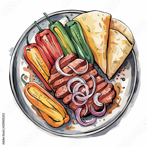 Watercolor Illustration of a Steak Fajita Platter with Tortillas