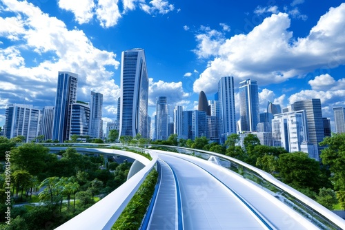 Modern Cityscape with Scenic Overpass - A stunning view of a modern city skyline, seen from a curved overpass surrounded by lush greenery. Blue sky with fluffy clouds