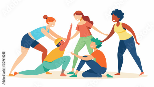 The group takes turns sharing their favorite stretches and exercises offering tips and advice to each other.. Vector illustration