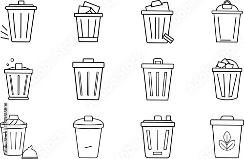 Trash Can Icons Waste Disposal, Recycling, Garbage Bins, Line Art