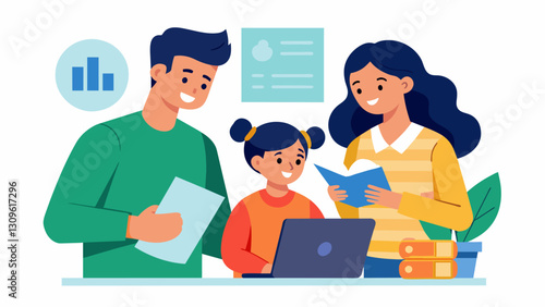 As they review their monthly bills the parents pause to discuss the looming costs of college and how they can make adjustments to their budget in. Vector illustration