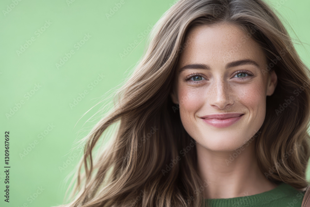 Fototapeta premium Smiling woman with long hair in green background showing joy and confidence outdoors