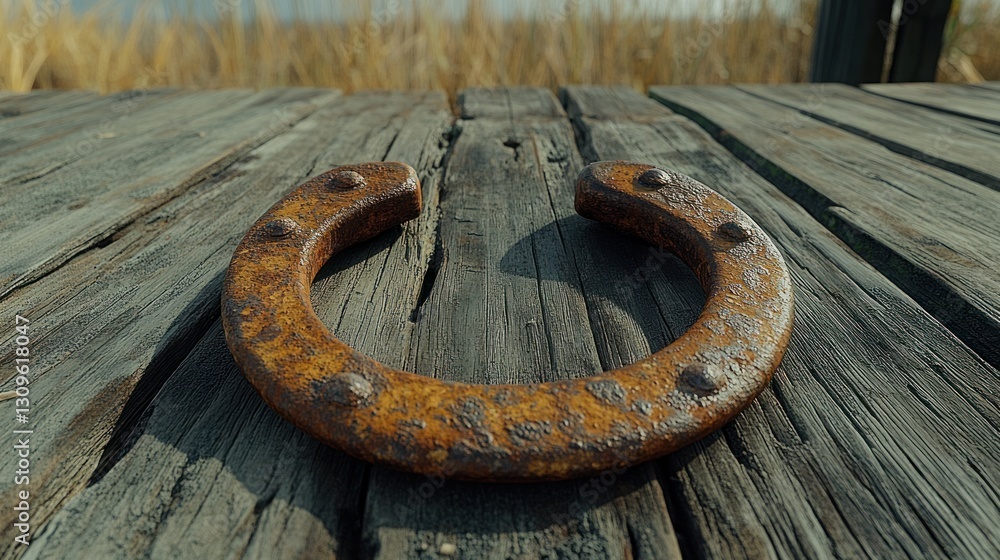 Rusty horseshoe on weathered wooden dock, golden field background Rusty horseshoe on weathered wooden dock, golden field background