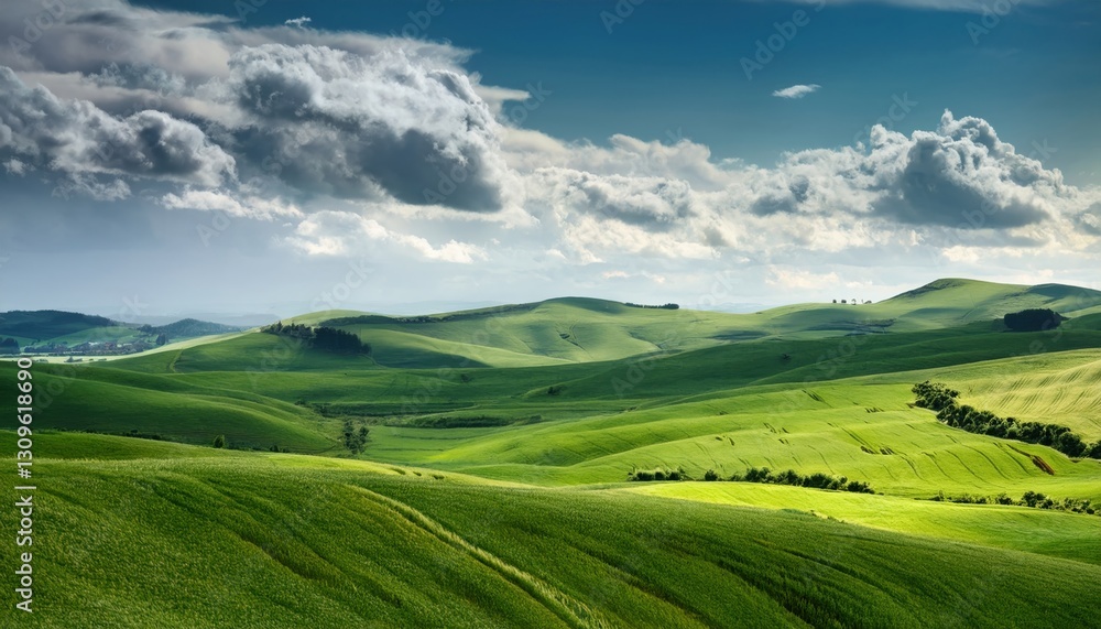 Fototapeta premium A breathtaking view of rolling green hills bathed in sunlight, with dramatic clouds casting shadows, creating a picturesque and tranquil countryside landscape.