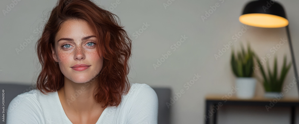 Woman with curly red hair sitting indoors with a calm expression beside a lamp Woman with curly red hair sitting indoors with a calm expression beside a lamp
