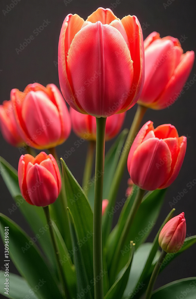 3D tulips, pattern of red tulips, place for text, flowers background 3D tulips, pattern of red tulips, place for text, flowers background