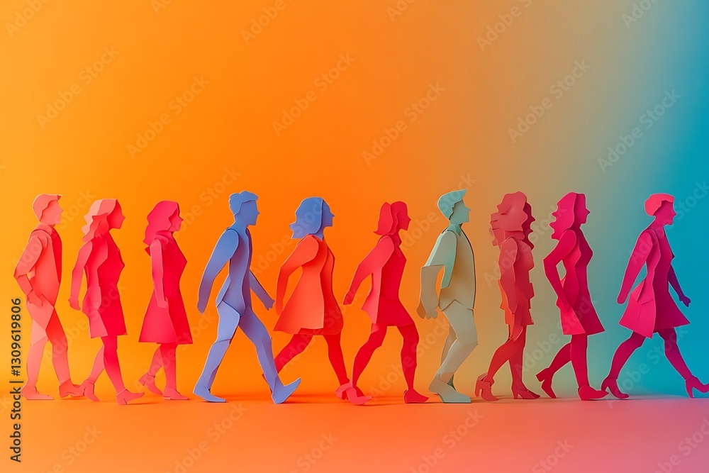 Diverse Paper Cutout People Walking Forward in Gradient Colors Diverse Paper Cutout People Walking Forward in Gradient Colors